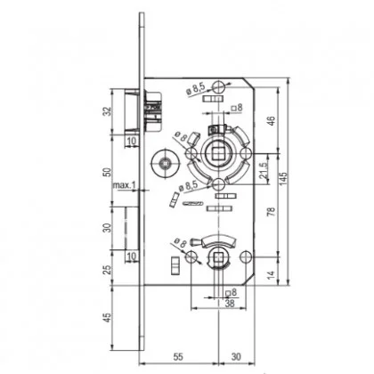 Originální TWIN Zámek zadlabací levý kovová střelka závora WC/78mm