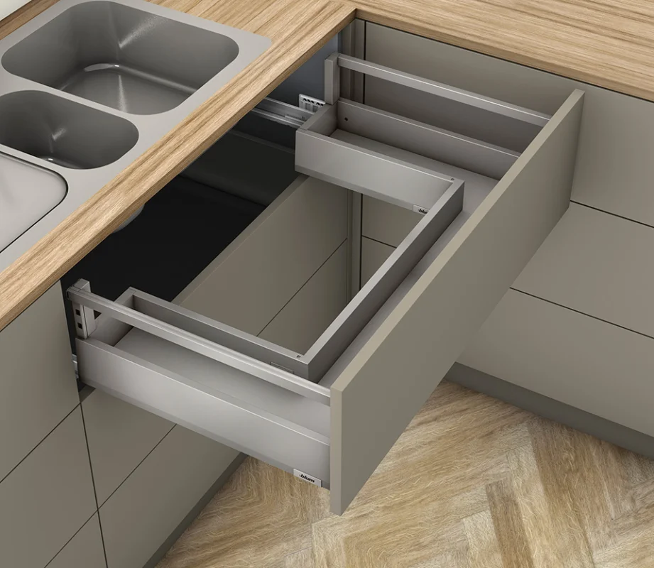 K-BLUM Merivobox, zásuvka E reling 450mm/40kg, světle šedá IG, Inserta, dřez Nová Kolekce