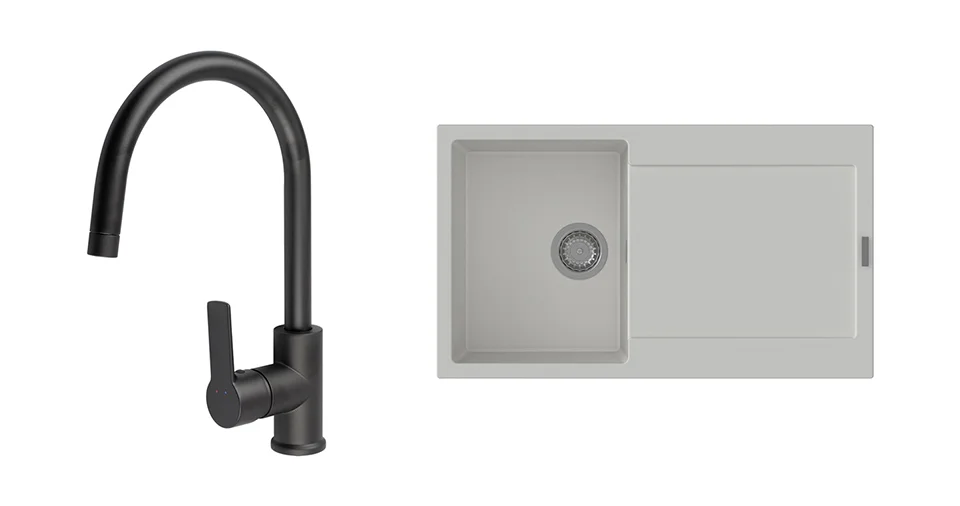 Zlevněný K-StrongSinks S3 Set dřez Zala 860x500mm granit bílá + Baterie Loira černá