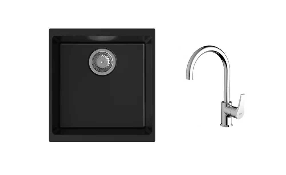 Akční Cena K-StrongSinks S3 Set dřez Hron 430x460mm granit černá + Baterie Rhona chrom