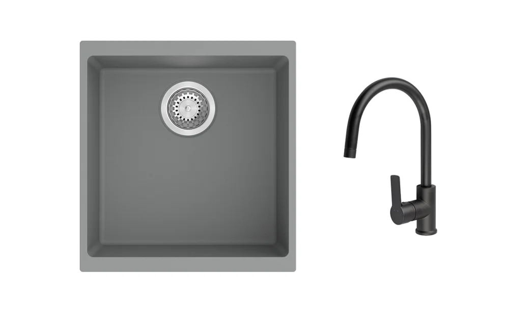 Jen Po Omezenou Doba K-StrongSinks S3 Set dřez Hron 430x460mm granit šedá + Baterie Loira černá