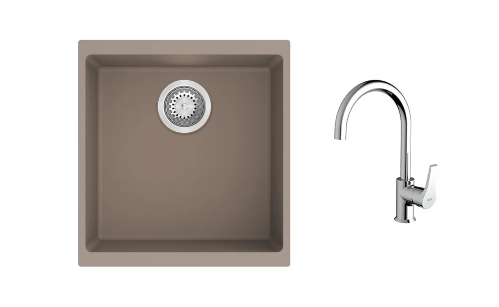 Ověřený K-StrongSinks S3 Set dřez Hron 430x460mm granit béžová + Baterie Rhona chrom
