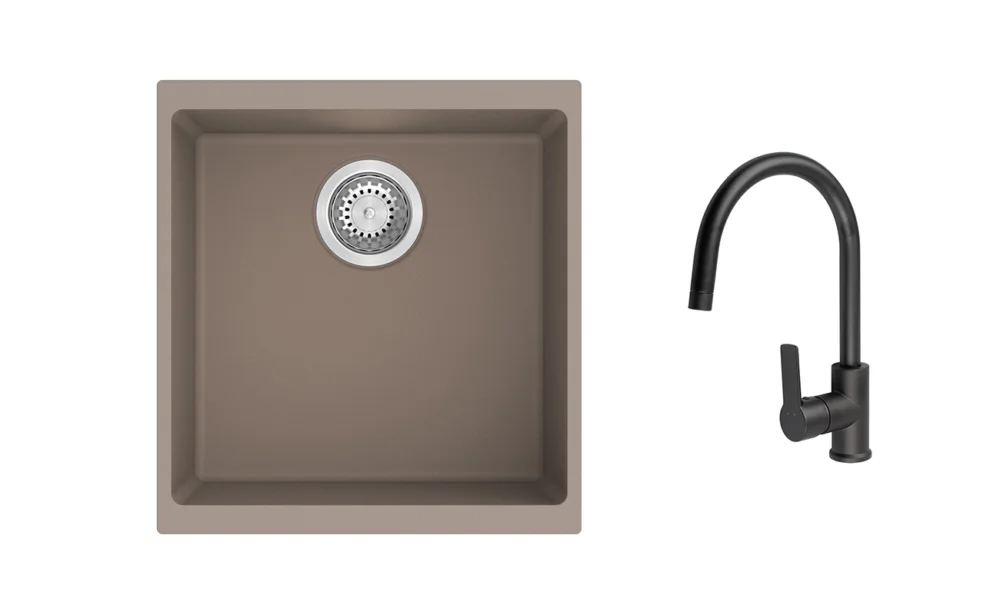 Tovární Cena K-StrongSinks S3 Set dřez Hron 430x460mm granit béžová + Baterie Loira černá