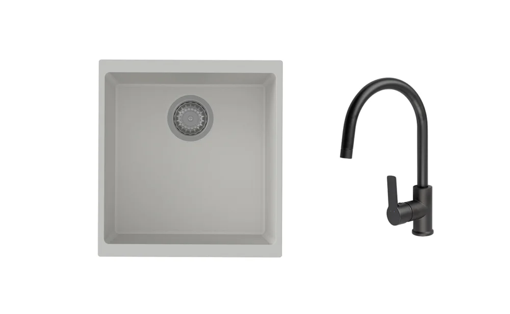 K-StrongSinks S3 Set dřez Hron 430x460mm granit bílá + Baterie Loira černá Jen Po Omezenou Doba