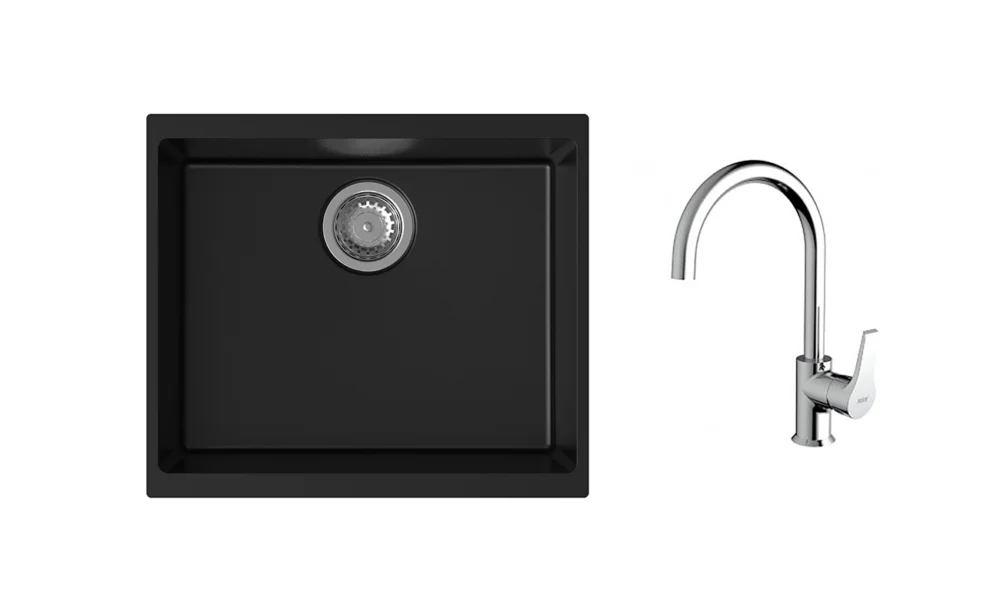 K-StrongSinks S3 Set dřez Hron 530x460mm granit černá + Baterie Rhona chrom Jen Po Omezenou Doba