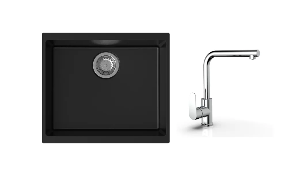 Cenová Bomba K-StrongSinks S3 Set dřez Hron 530x460mm granit černá + Baterie Stréva chrom