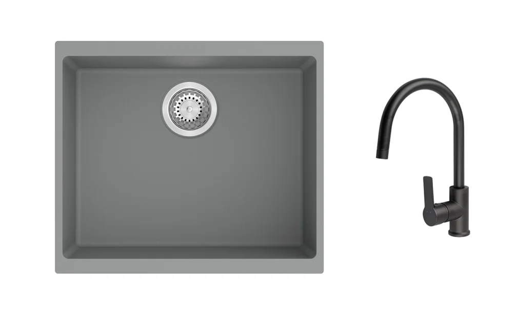 Hit Sezóny K-StrongSinks S3 Set dřez Hron 530x460mm granit šedá + Baterie Loira černá