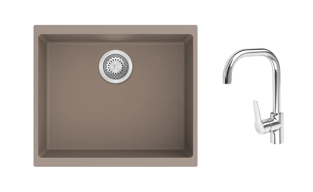 Nízká Cena K-StrongSinks S3 Set dřez Hron 530x460mm granit béžová + Baterie Garonne chrom