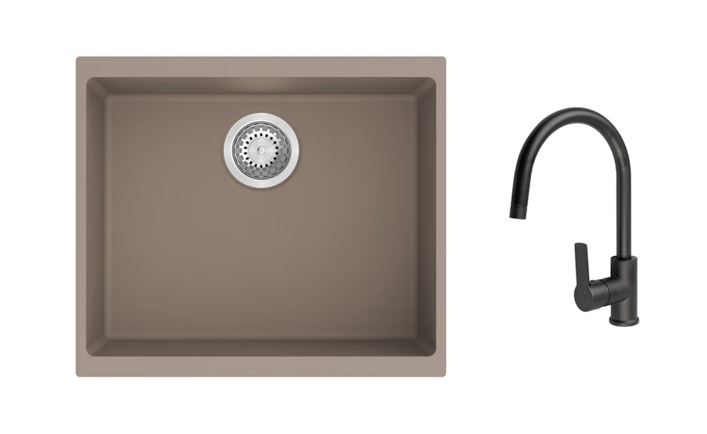 K-StrongSinks S3 Set dřez Hron 530x460mm granit béžová + Baterie Loira černá Bezpečná Platba
