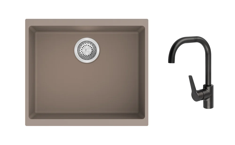 Finální Výprodej K-StrongSinks S3 Set dřez Hron 530x460mm granit béžová + Baterie Garonne černá