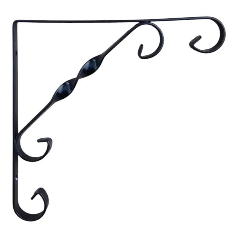Výprodej Ocelová policová podpěra 250×250 mm v kovaném designu, 3 mm síla materiálu, černá, max. zatížení 30 kg, montážní konzole pro hluboké police