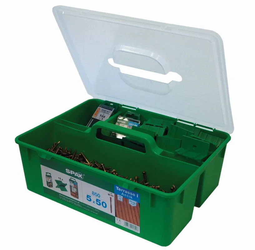 SPAX Box Terrase,850 ks vrutů 5x50 cylindr. TXS,A2 nerez,C,antique+příslušenství Časově Omezené