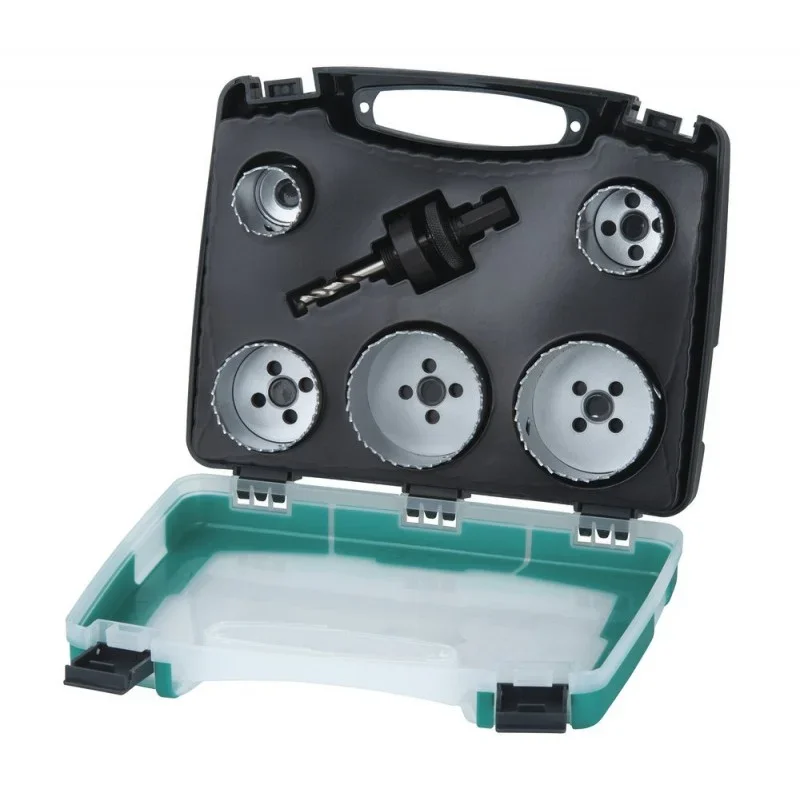 Wolfcraft sada 5 Bi-metalových děrovek sanita 25-83 mm + upínací trn, v kufru 5422000 Akční Nabídka