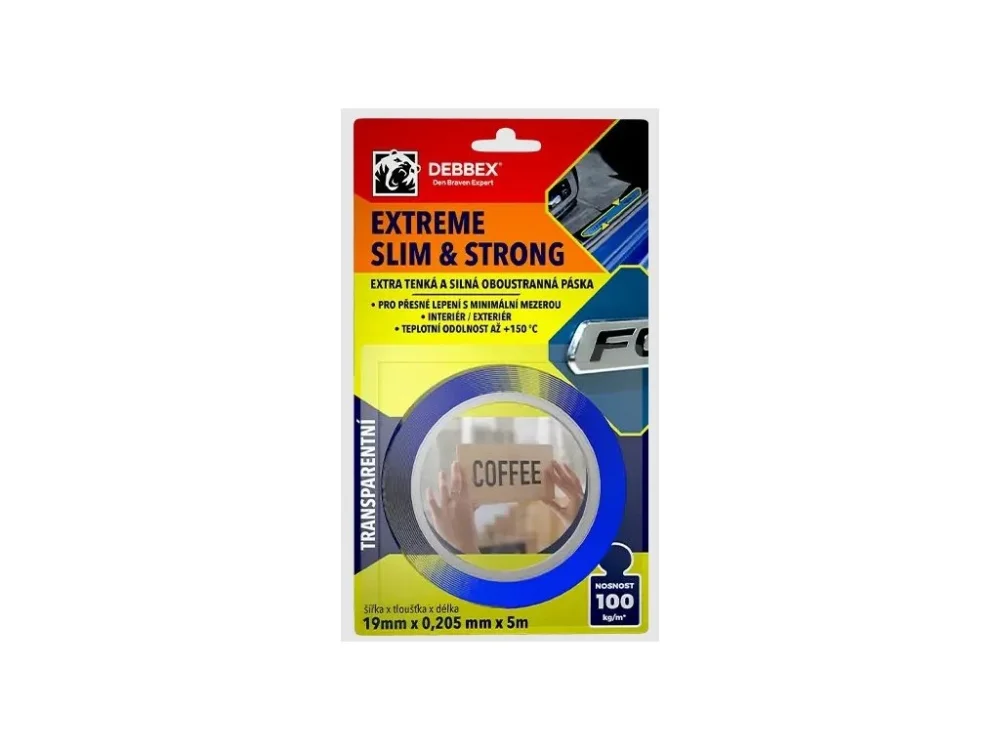 Doprava Zdarma Oboustranná páska Extreme Slim Clear 19 mm x 5 m BLISTR, 3"core Den Braven