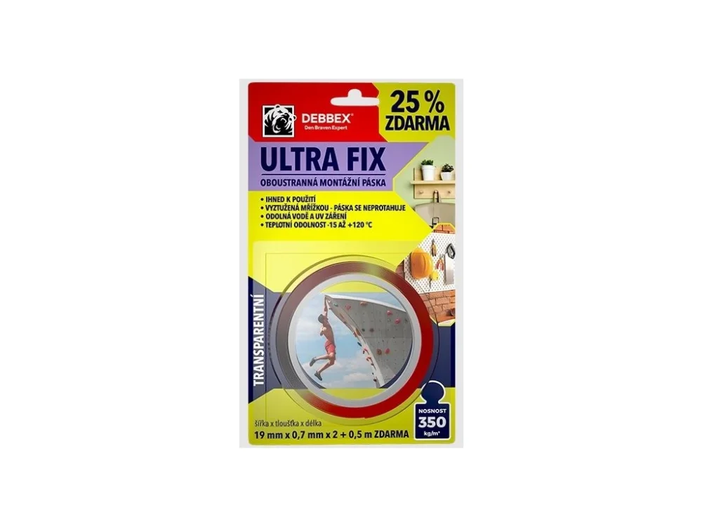 Oboustranná páska Ultra fix vyztužená 19 mm x 2,5 m BLISTR, 3"core - Den Braven Doprava Zdarma
