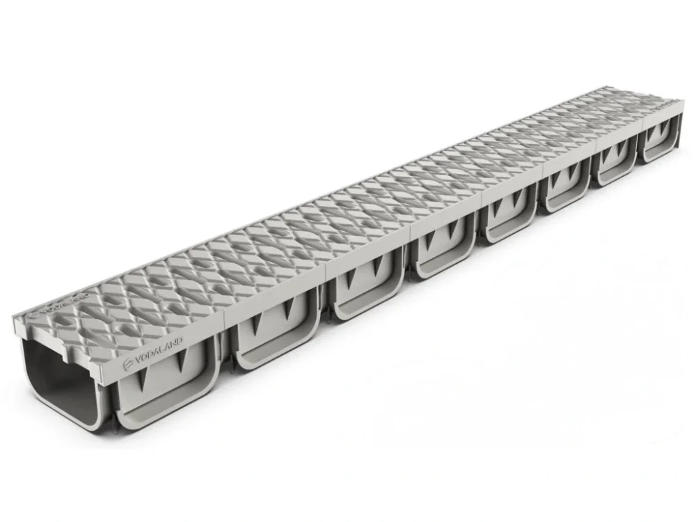 Odvodňovací plastový žlab VODALAND EASY A15 bazénový s plastovou mříží 1000 x 125 x 70 mm šedý Zlevněný