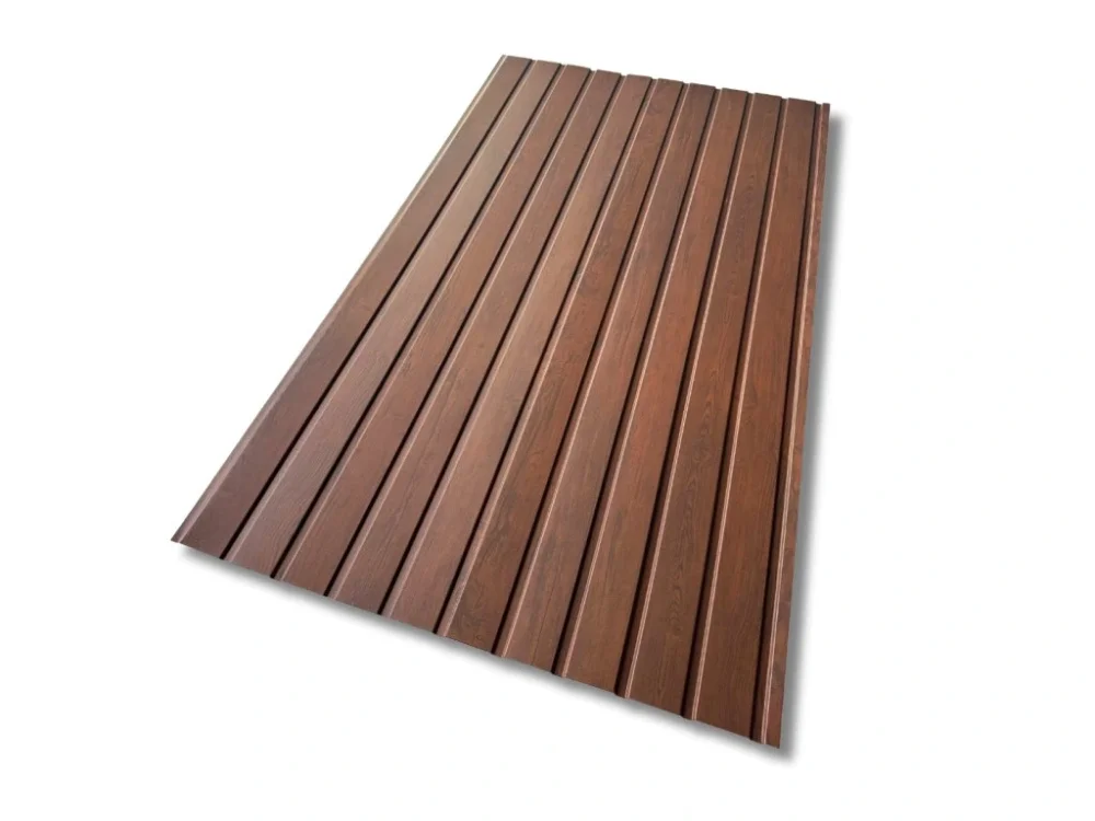 Plechový fasádní a plotový panel HORNVAL TRAPÉZ T7 0,5 - 118 x 200 cm TMAVÝ DUB (jednostranný) Přímo Od Výrobce