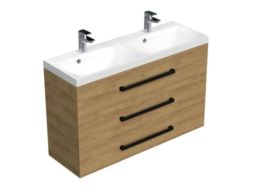Vysoce Kvalitní SAT Koupelnová skříňka s černou úchytkou a umyvadlem SAT Cube Way 120x76,5x40 cm dub Hickory mat CUBE2C1203DH