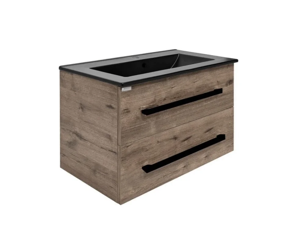 Dokud Zásoby Vydrží SAT Koupelnová skříňka s černou úchytkou a umyvadlem SAT Cube Way 80x53x46 cm dub Wellington mat CUBE46C802DWMODC