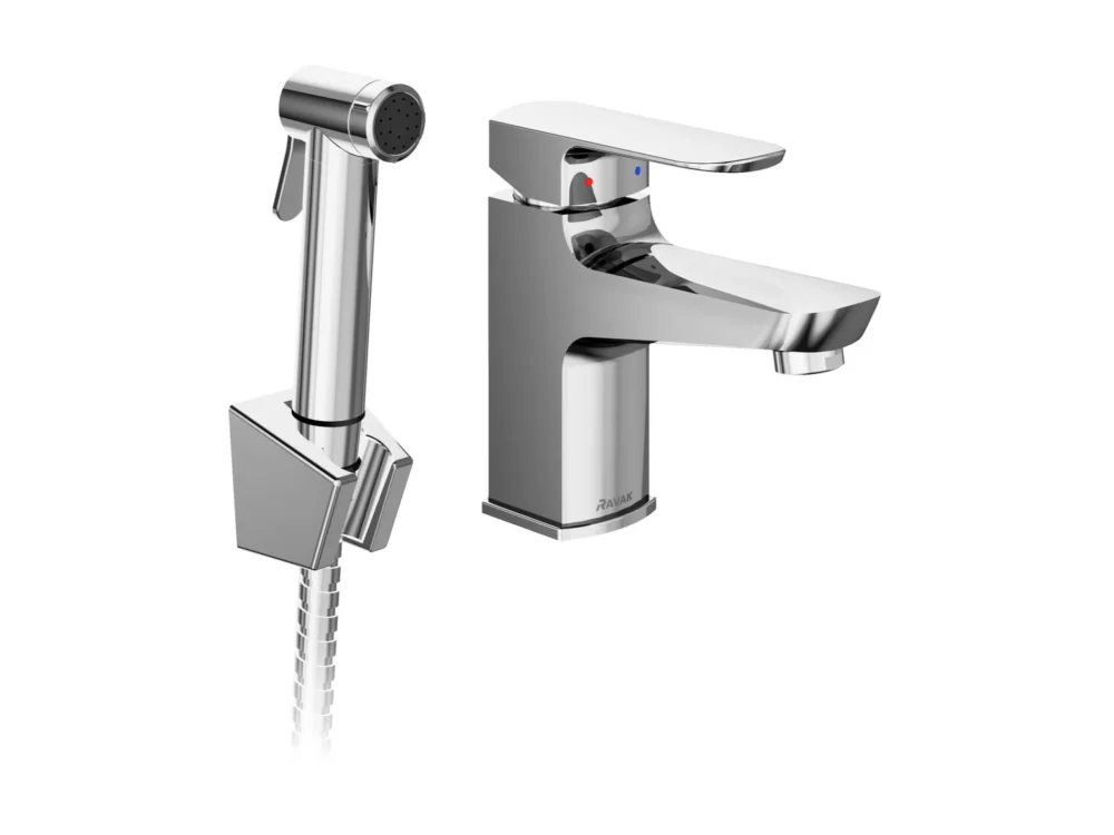 Umyvadlová baterie s bidetovou sprškou - BM 011.01CR Umyvadlová stojánková baterie 144 mm s bidetovou sprškou a držákem na zeď, bez výpusti, chrom X070165 Cenový Hit
