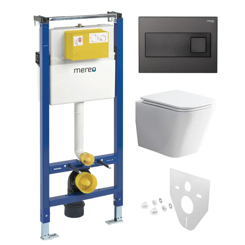Mereo Wc Set - Rimless Wc Hranaté, Modul Pro Sádrokarton, černé Hranaté Tlačítko Aktuální