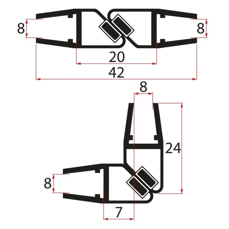 Vysoce Kvalitní Aqualine Magnetické Těsnění 45° 8/8mm Skla, černá